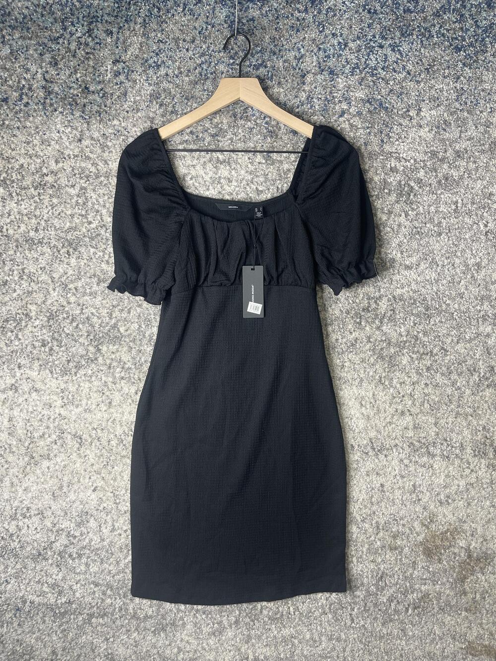 Vero Moda Dress Womens Small Black Puff Sleeve Textured Knee Length Casual New